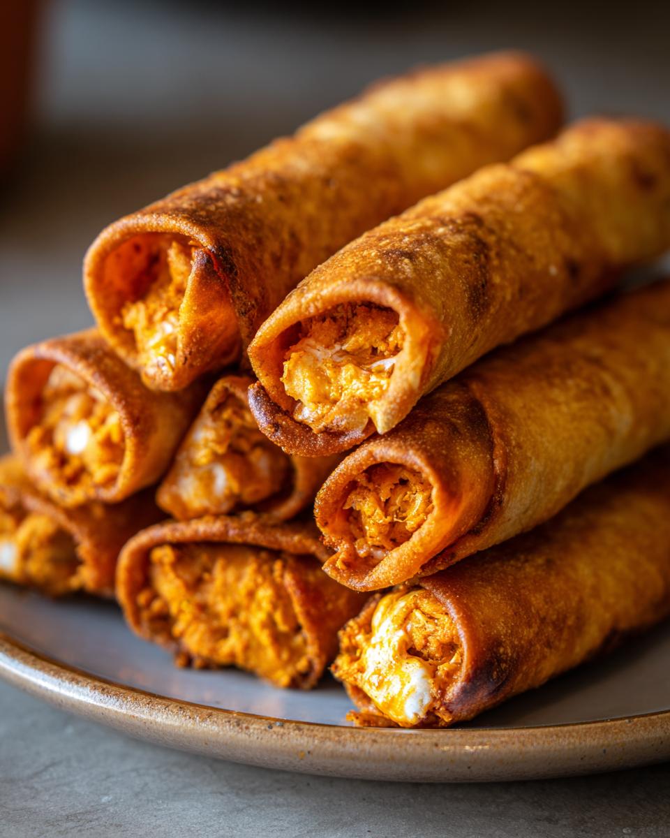 A stack of crispy, golden cream cheese chicken taquitos on a plate, showing the creamy filling.