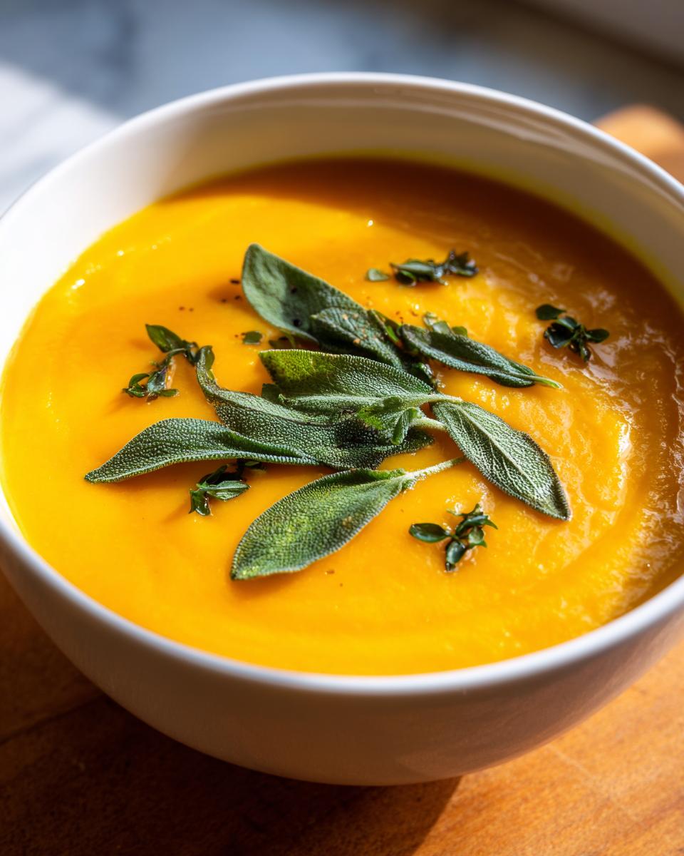 Close-up of vibrant orange butternut squash soup in a white bowl, topped with fresh sage leaves.