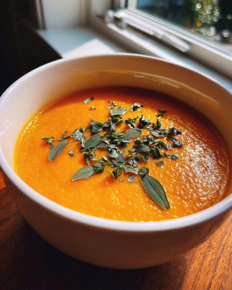 A close-up of creamy, vibrant orange butternut squash soup topped with fresh sage leaves.
