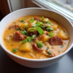 A close-up of a bowl of rich, creamy Cajun potato soup loaded with sliced sausage and topped with fresh green onions.