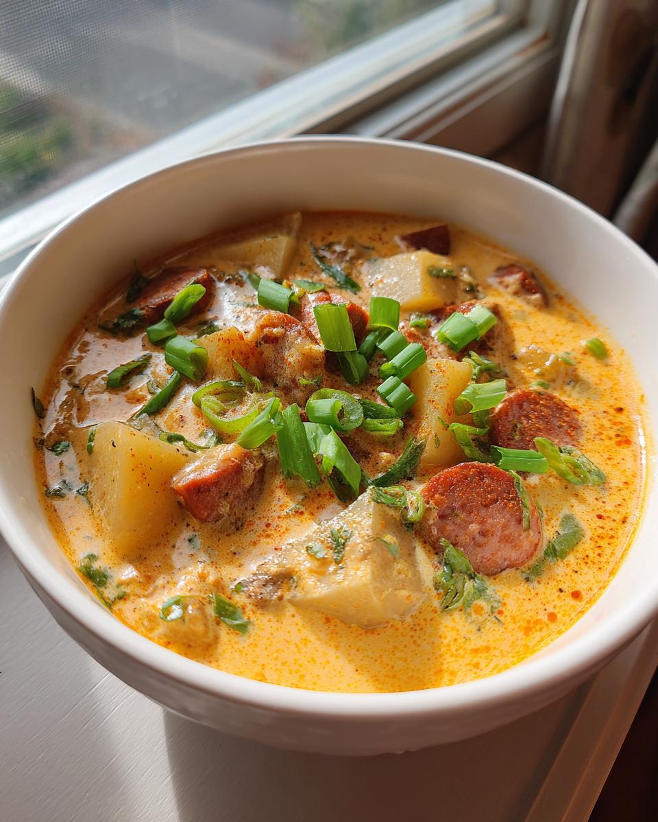 A close-up of a bowl of creamy Cajun potato soup, featuring chunks of potato, sliced sausage, and green onions.