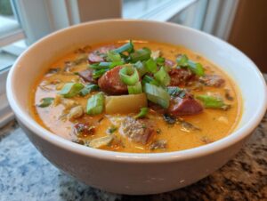 A close-up of a creamy, orange-hued bowl of Cajun potato soup topped with sliced sausage and green onions.