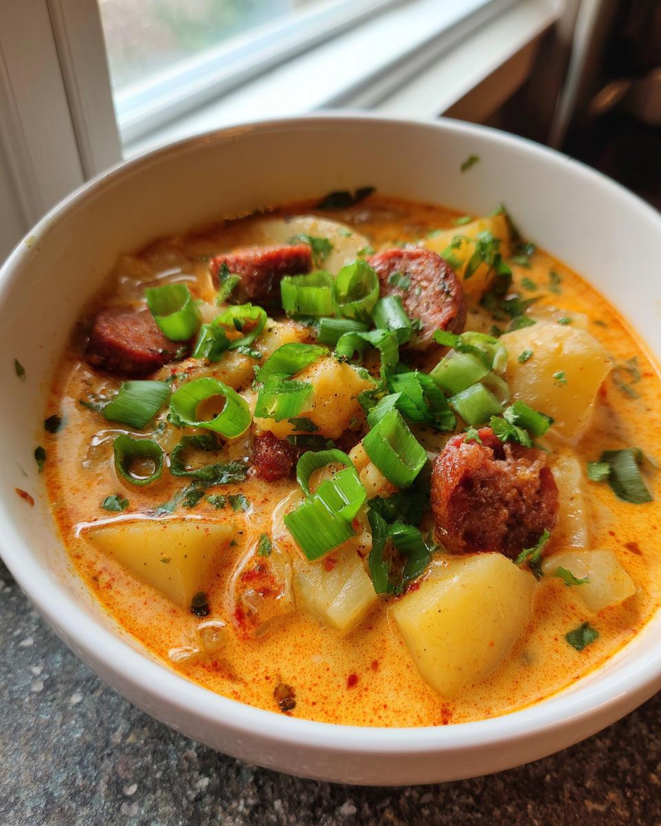 A close-up of creamy Cajun potato soup featuring chunks of potato, sliced sausage, and green onions.