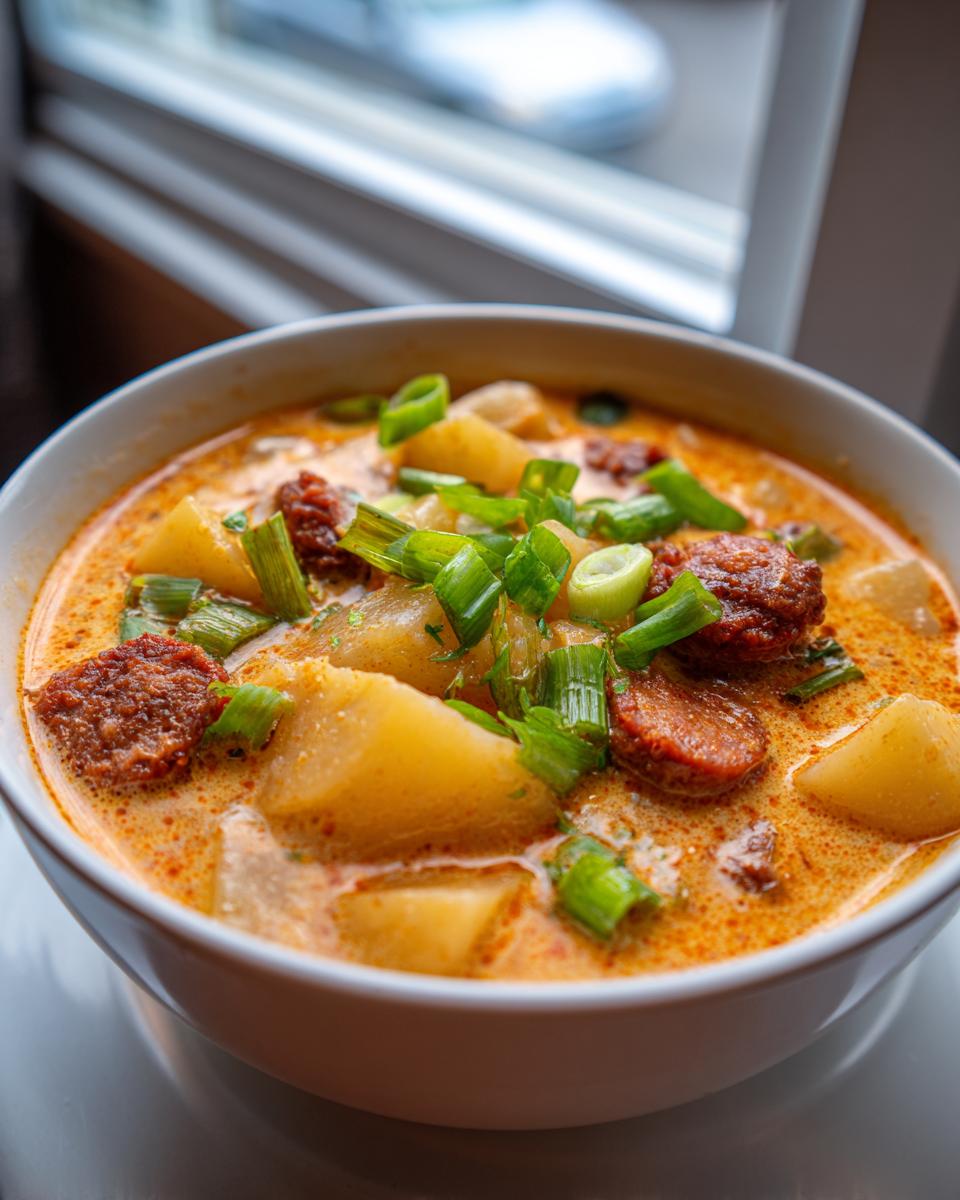 Close-up of a bowl of creamy Cajun potato soup featuring chunks of potato, slices of sausage, and topped with fresh green onions.