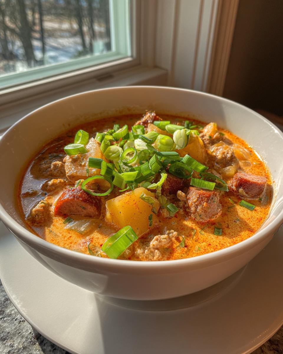 A close-up of a white bowl filled with creamy Cajun potato soup, topped with sausage chunks and fresh green onions.