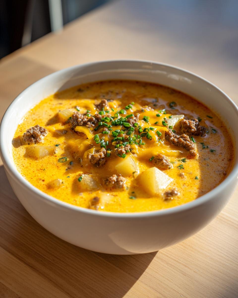 A close-up of a white bowl filled with creamy cheeseburger soup, topped with ground beef, melted cheese, and fresh chives.