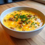A close-up of a creamy, cheesy cheeseburger soup recipe bowl topped with ground beef and fresh green chives.
