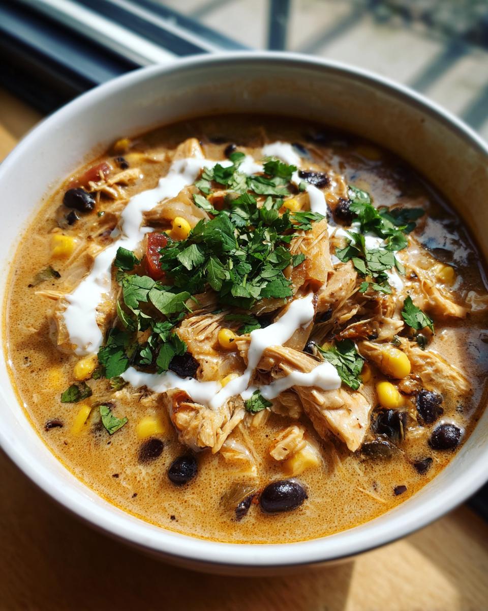 A close-up of a bowl of creamy chicken tortilla soup, topped with sour cream and cilantro.