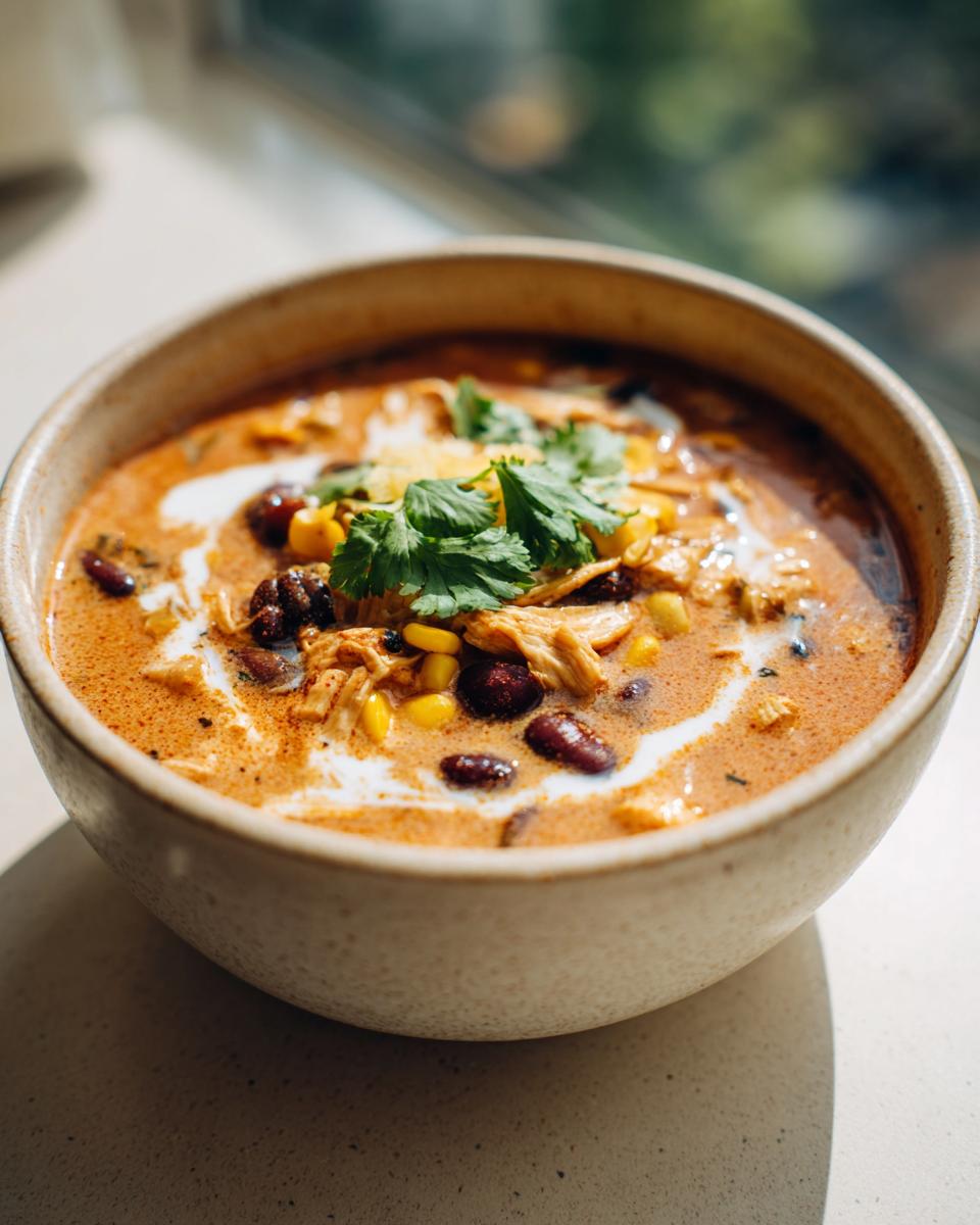 A close-up of a bowl filled with creamy chicken tortilla soup, topped with cilantro, corn, and beans.