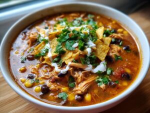 A close-up of a bowl of creamy chicken tortilla soup, topped with tortilla strips, cilantro, and a drizzle of crema.