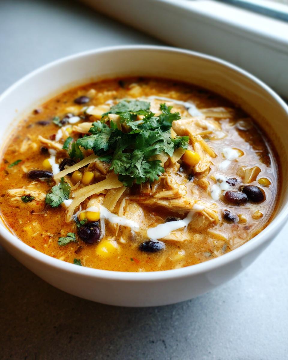 A close-up of a white bowl filled with creamy chicken tortilla soup, topped with shredded chicken, black beans, corn, cheese, and cilantro.
