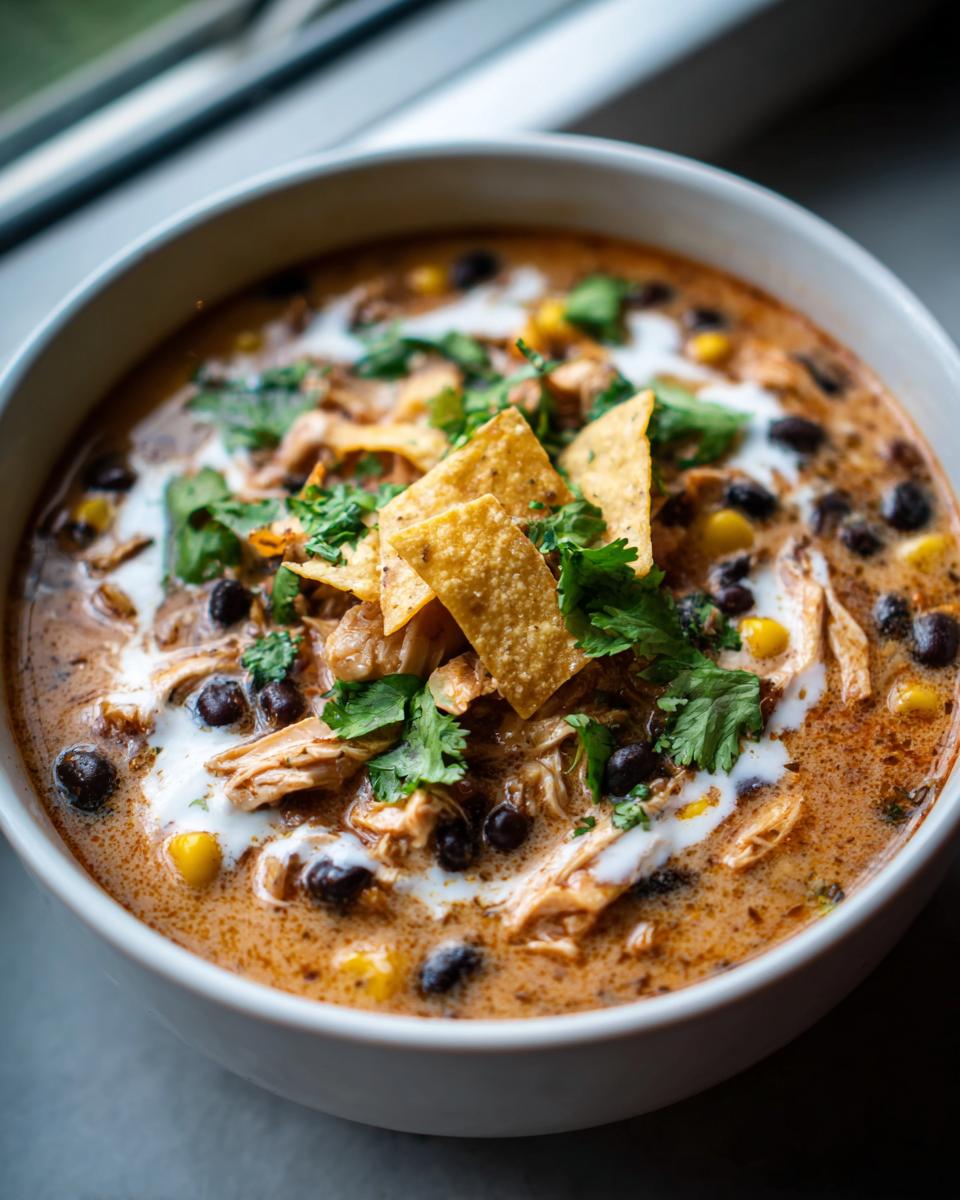A close-up of a bowl of creamy chicken tortilla soup, topped with tortilla chips, cilantro, and a swirl of cream.