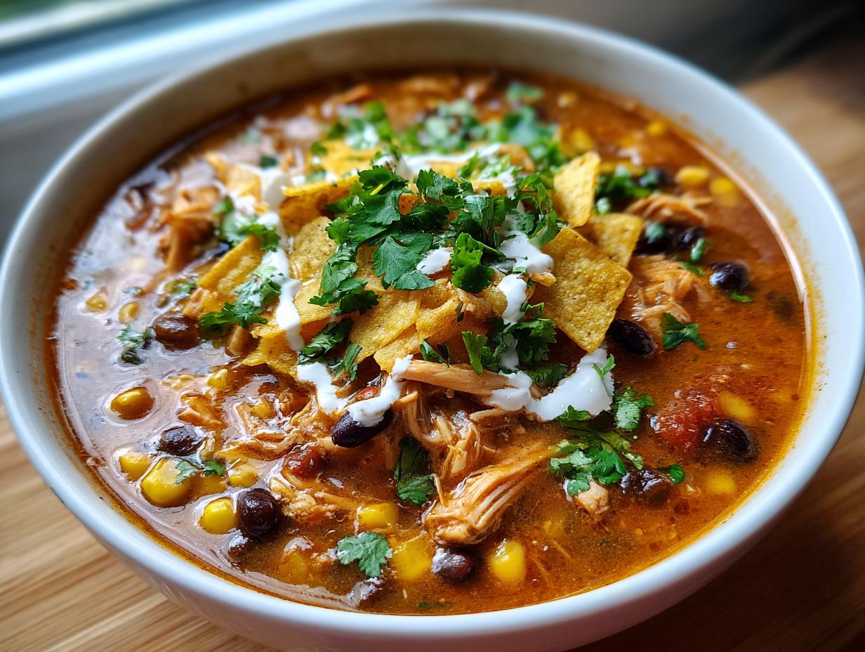 A close-up of a bowl of creamy chicken tortilla soup, topped with tortilla strips, cilantro, and a drizzle of crema.