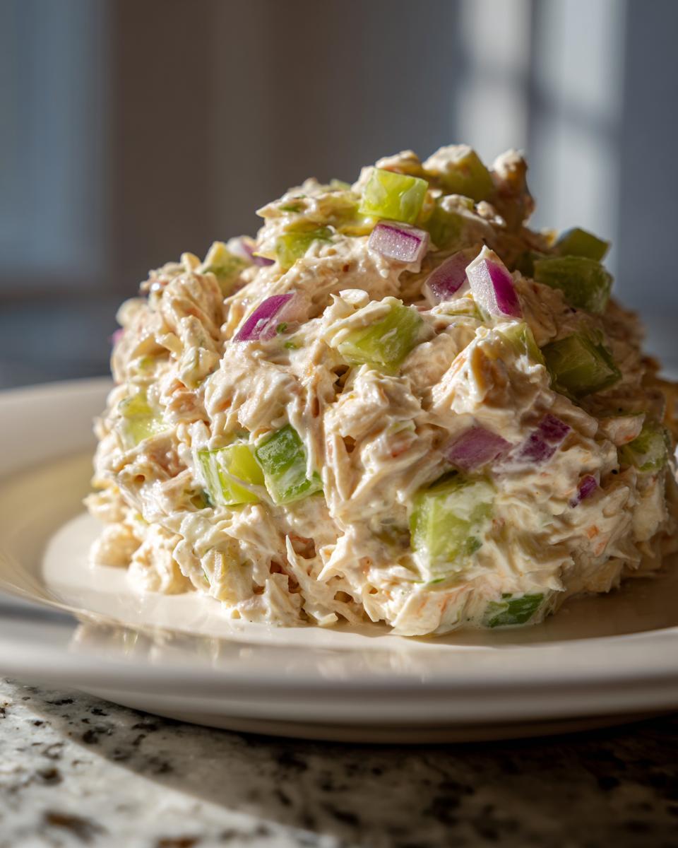A mound of creamy crab salad mixed with diced green celery and purple red onion served on a white plate.