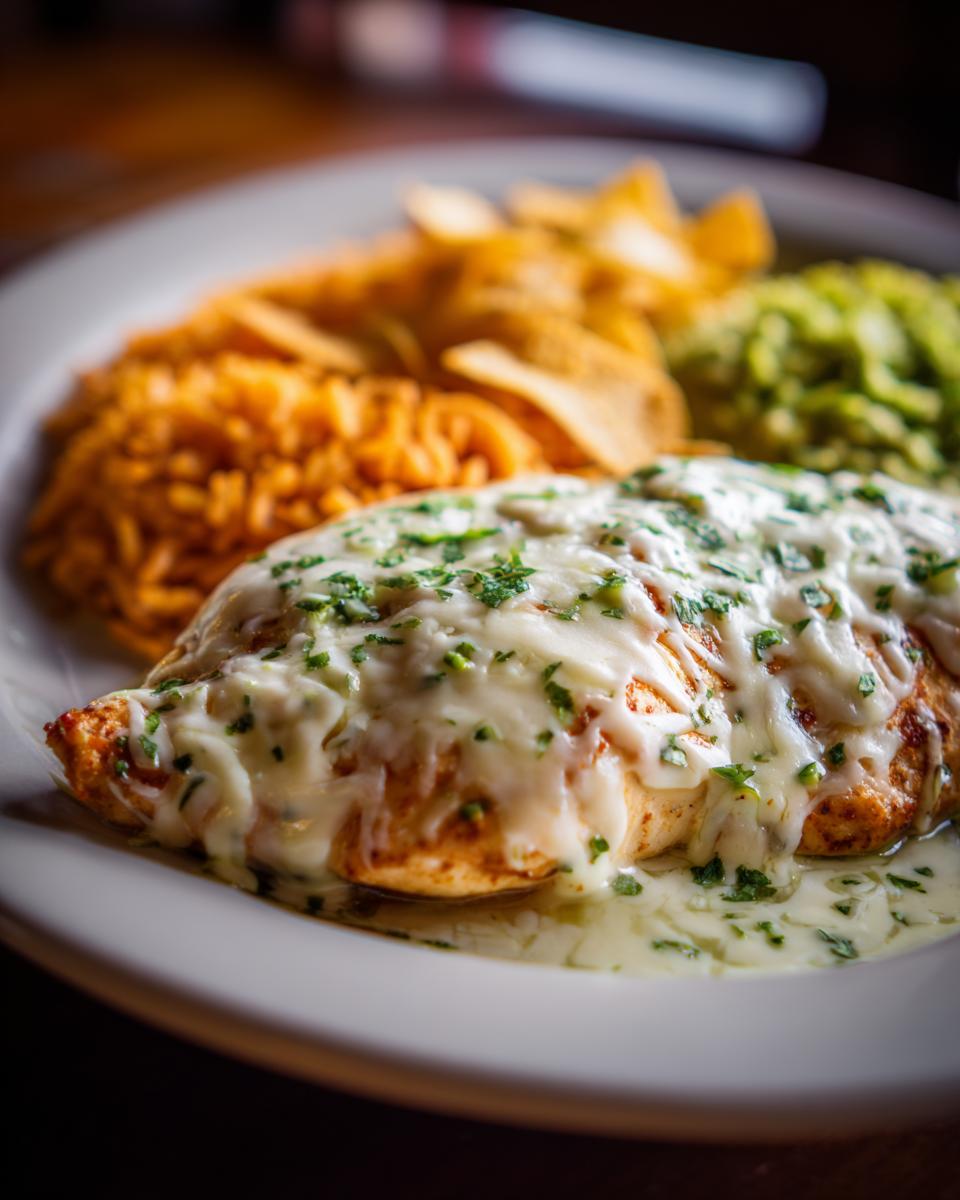 Close-up of Fiesta Lime Chicken breast covered in melted white cheese sauce and parsley.