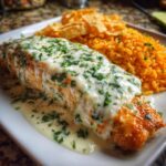 Close-up of a creamy sauce-covered chicken breast, served with Spanish rice and tortilla chips, inspired by fiesta lime chicken.