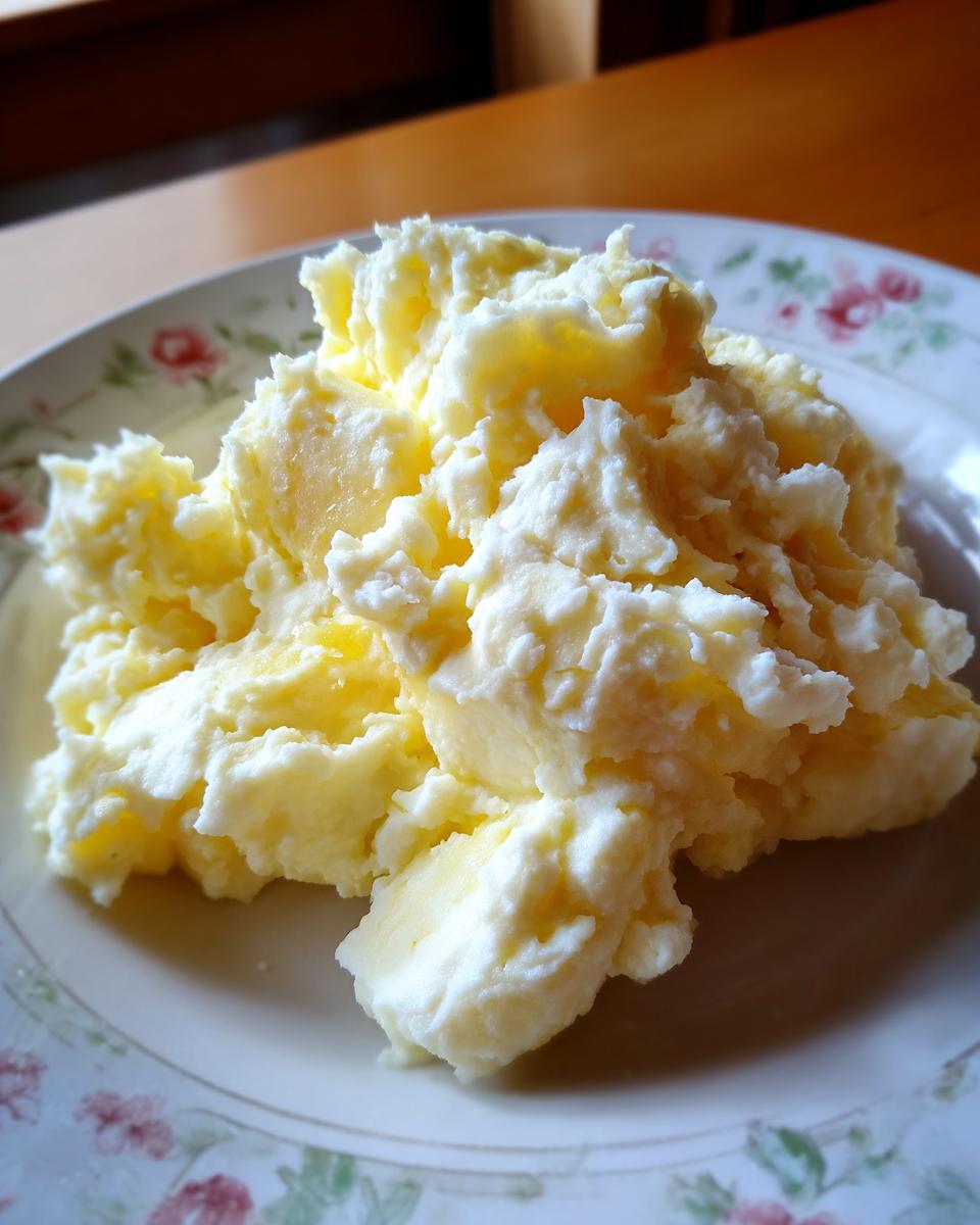 A close-up of a generous serving of creamy, fluffy mashed potatoes on a floral-patterned plate.