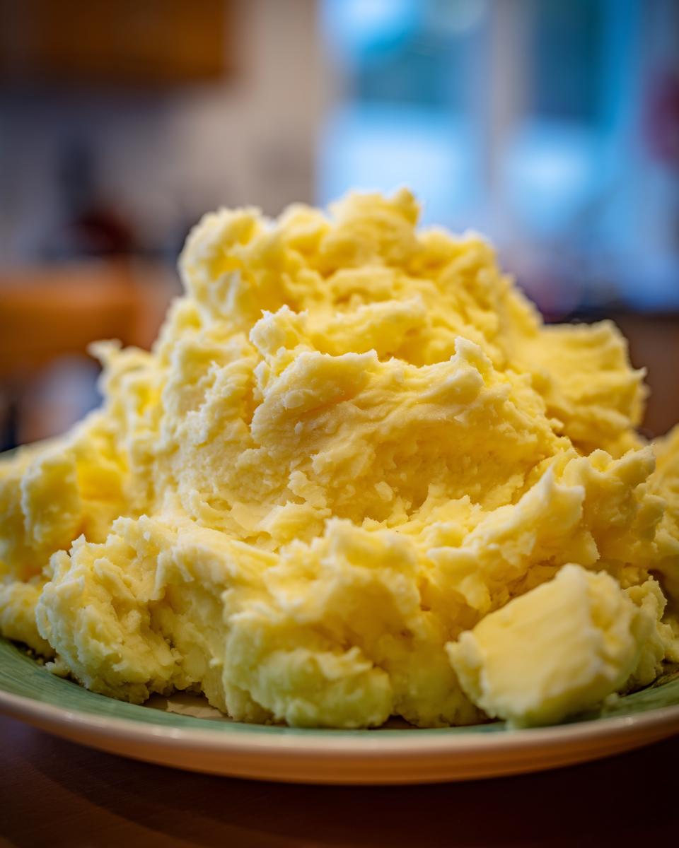 A generous mound of creamy, fluffy mashed potatoes served on a green-rimmed plate.