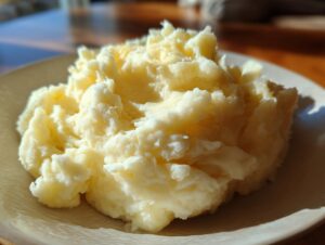 A close-up shot of a generous serving of creamy, fluffy mashed potatoes on a light-colored plate.