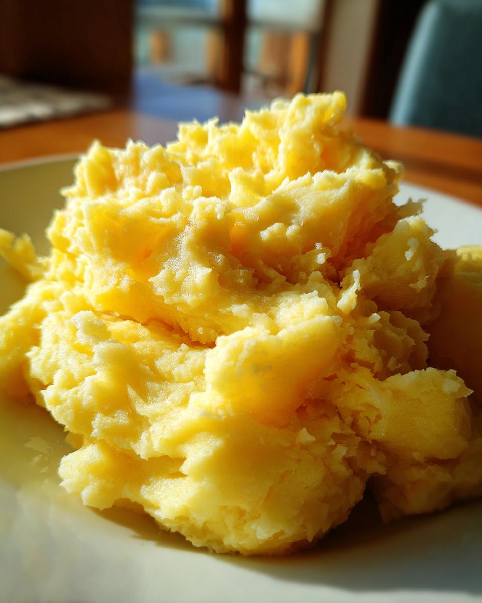 A close-up, fluffy mound of creamy mashed potatoes on a white plate, bathed in natural light.