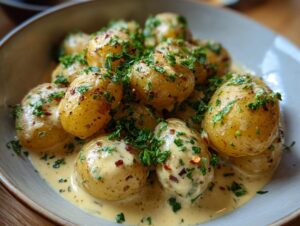 A close-up of creamy garlic baby potatoes generously coated in a rich sauce and sprinkled with fresh parsley and chili flakes.