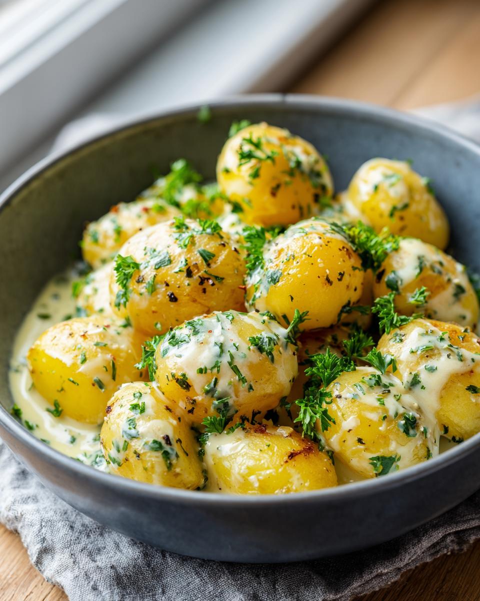 A close-up of a bowl filled with creamy garlic baby potatoes, garnished with fresh parsley.