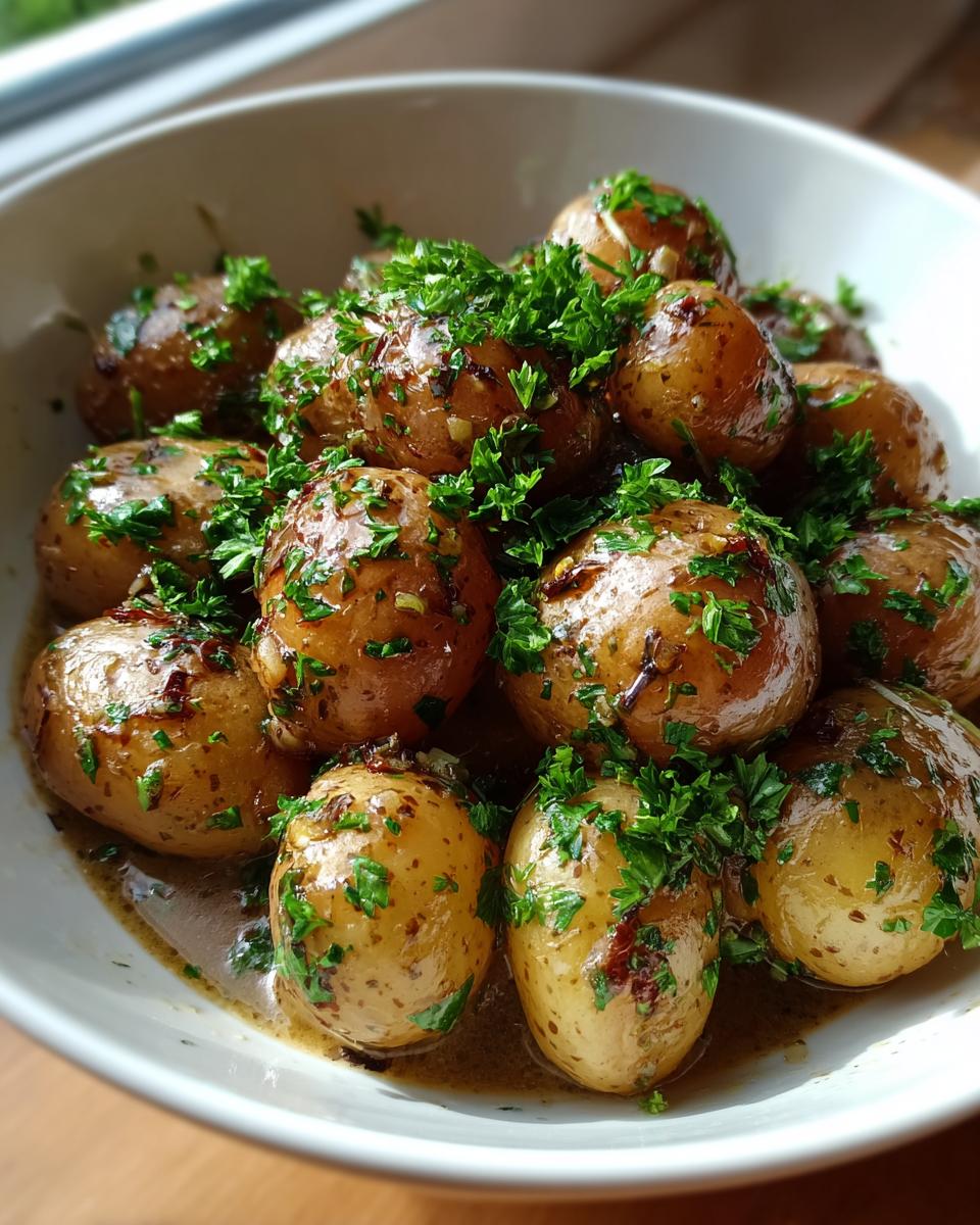 A bowl of creamy garlic baby potatoes generously sprinkled with fresh parsley.