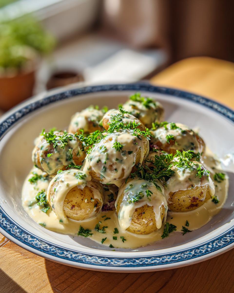 A bowl of creamy garlic baby potatoes drizzled with sauce and topped with fresh parsley.