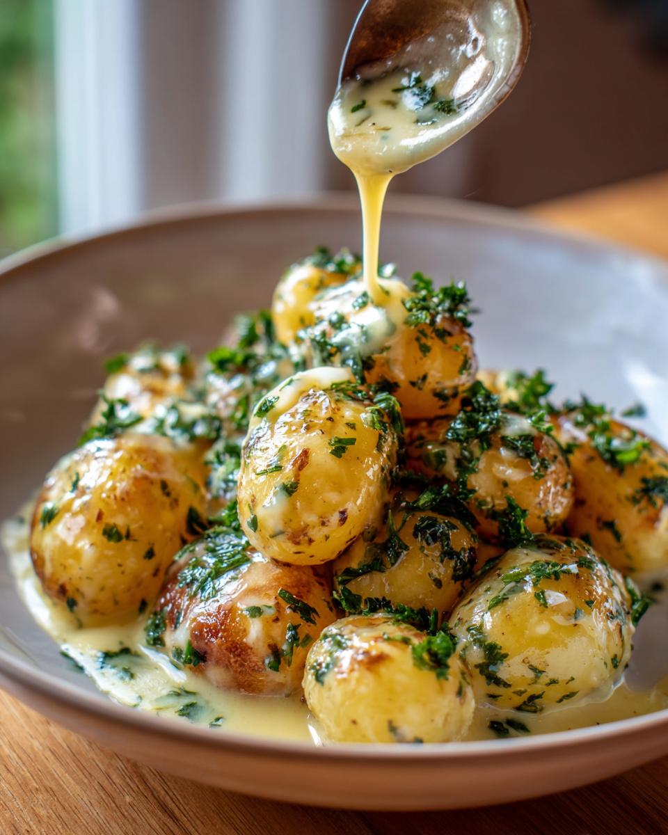 A spoon pouring creamy garlic sauce over a bowl of golden brown baby potatoes topped with fresh parsley.
