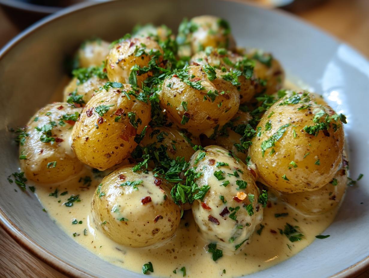 A close-up of creamy garlic baby potatoes generously coated in a rich sauce and sprinkled with fresh parsley and chili flakes.