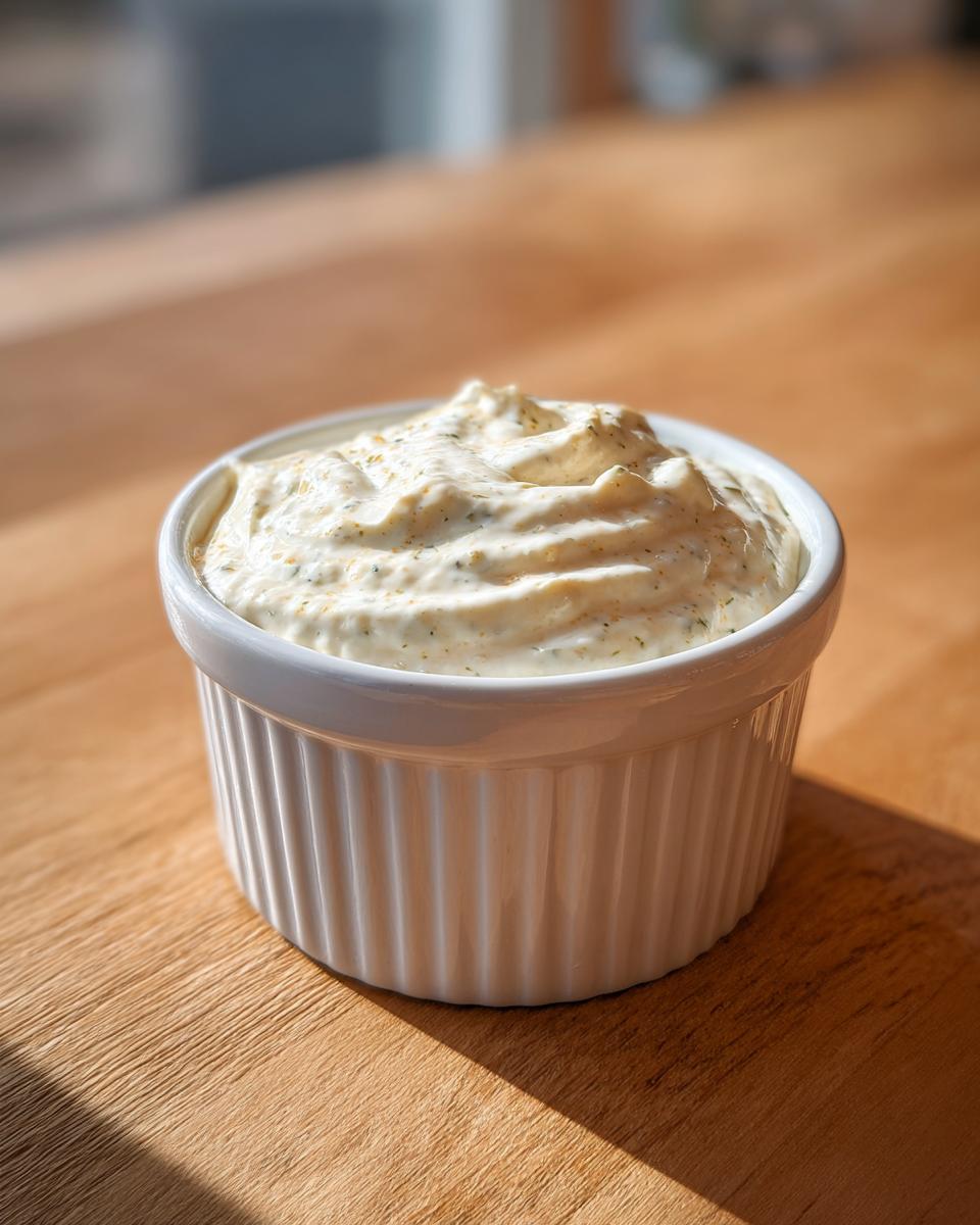 A close-up of creamy, textured horseradish sauce speckled with herbs, served in a small white ramekin on a wooden table.