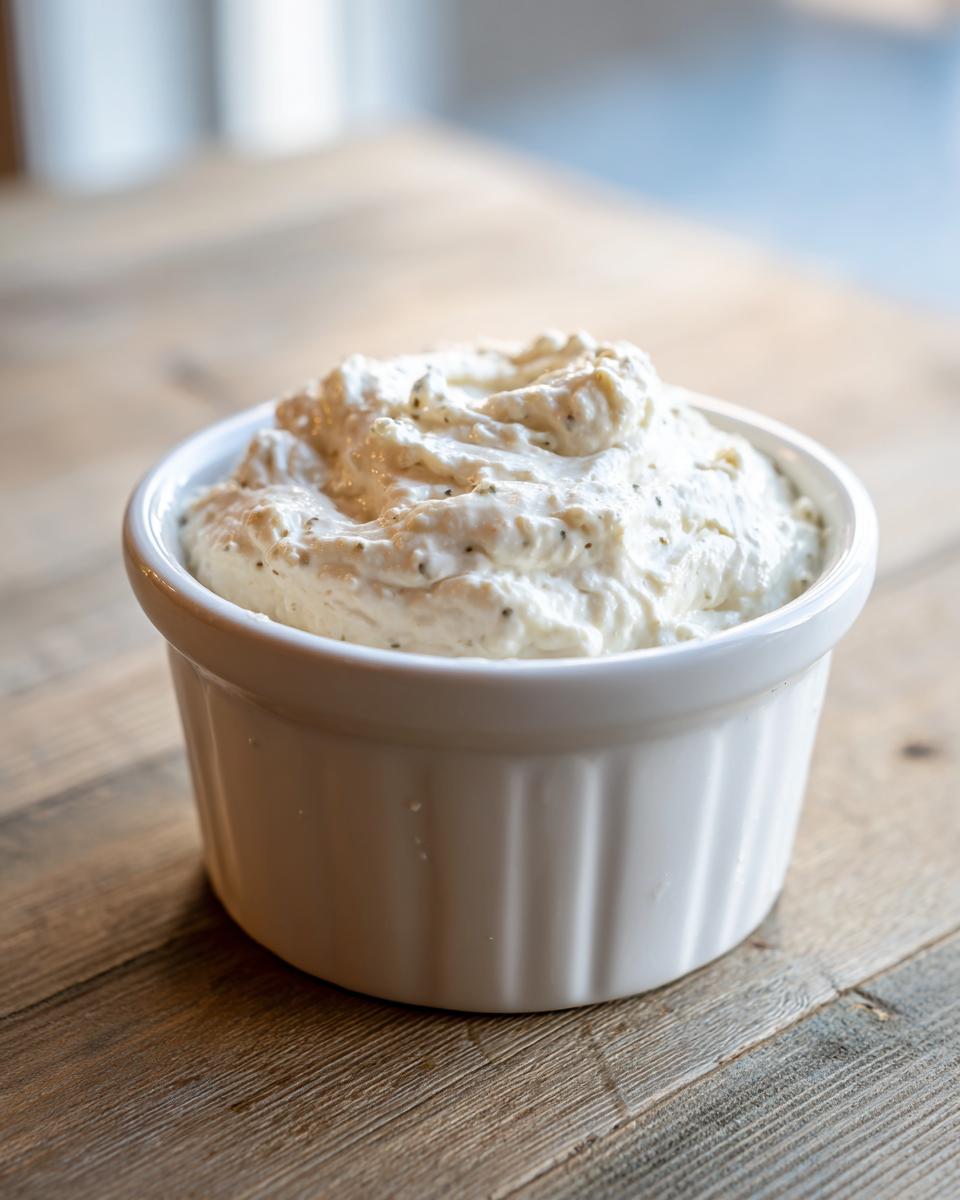 A close-up of creamy, white horseradish sauce flecked with dark spices in a small white ramekin.