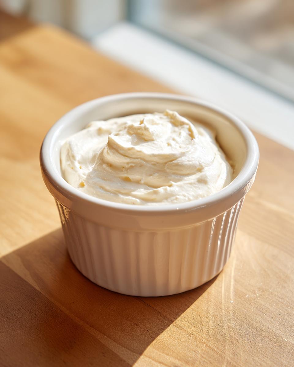 A white ramekin filled with thick, creamy horseradish sauce sitting on a wooden surface.