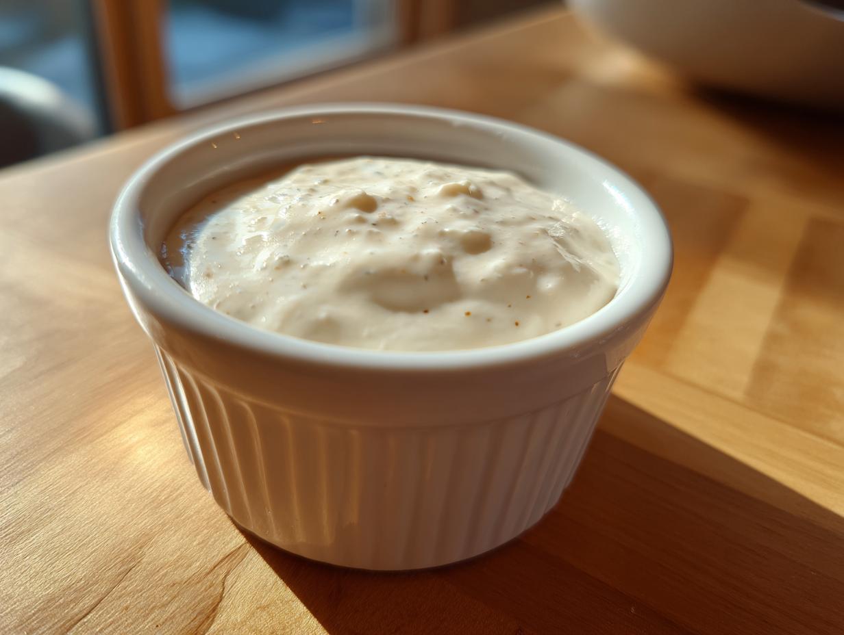 A close-up of thick, creamy horseradish sauce speckled with spices, served in a small white fluted ramekin on a wooden surface.