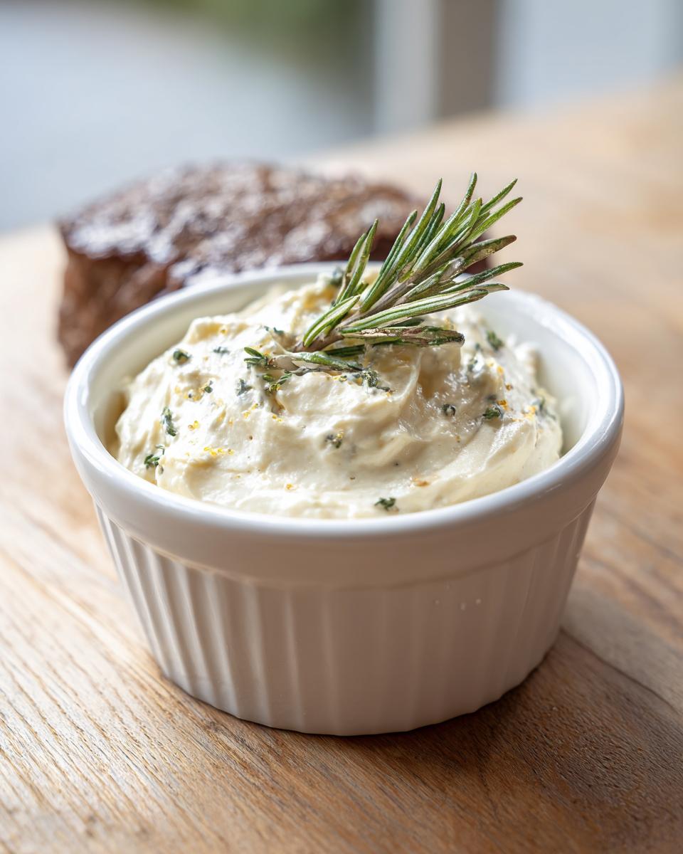 A white ramekin filled with creamy horseradish sauce, topped with a sprig of fresh rosemary.