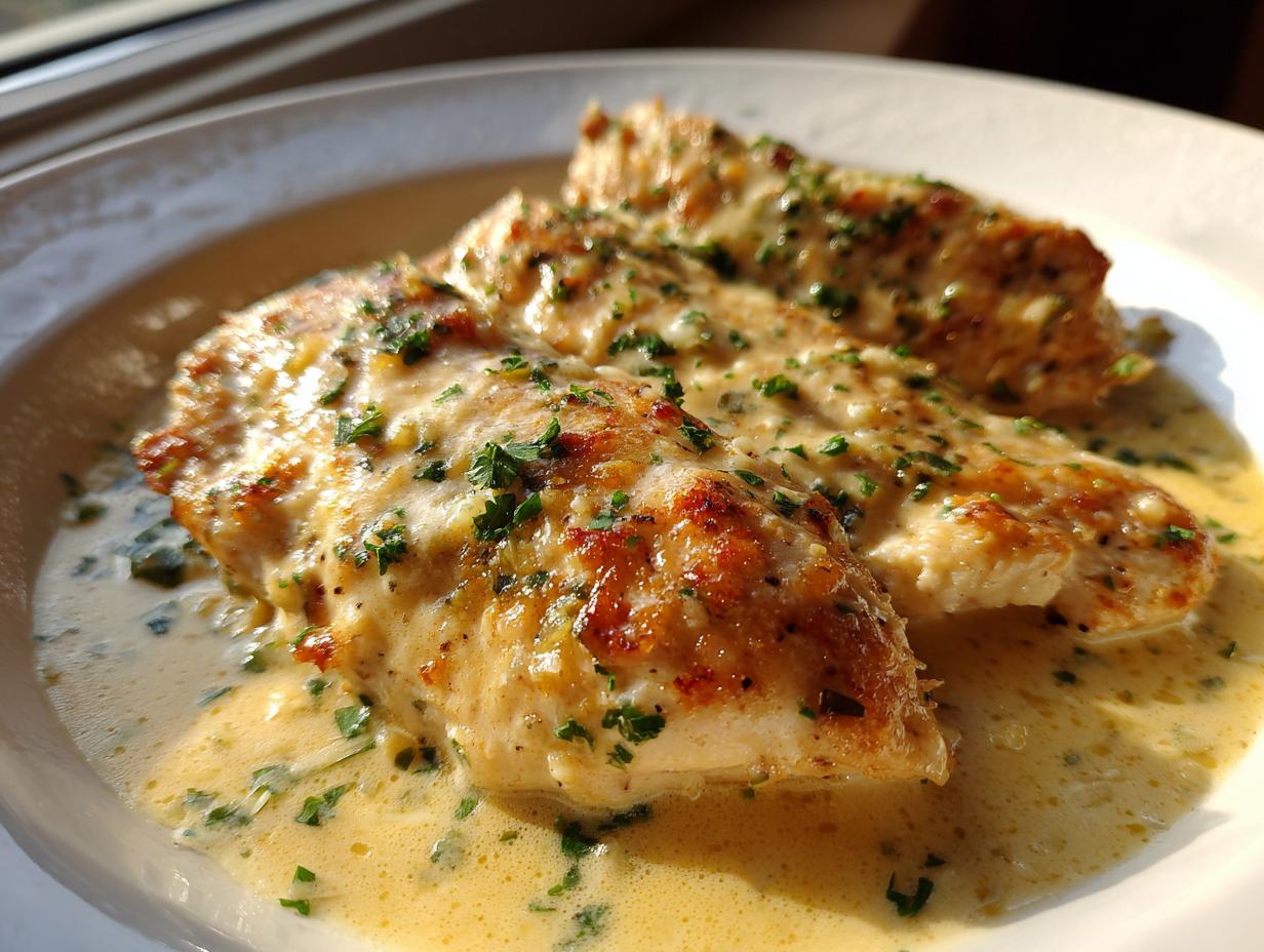 Two golden-brown chicken breasts smothered in a rich, creamy lemon sauce and sprinkled with fresh parsley.