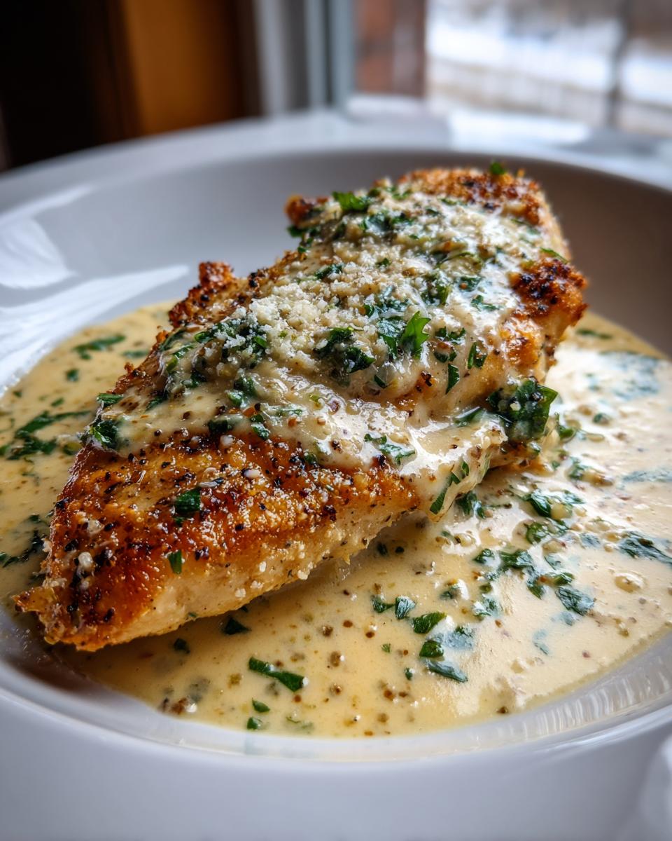 A close-up of a pan-seared creamy lemon chicken breast topped with Parmesan and parsley, sitting in a rich lemon cream sauce.