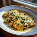 Four golden-brown pieces of creamy lemon chicken served in a rich sauce and topped with grated cheese and fresh parsley.