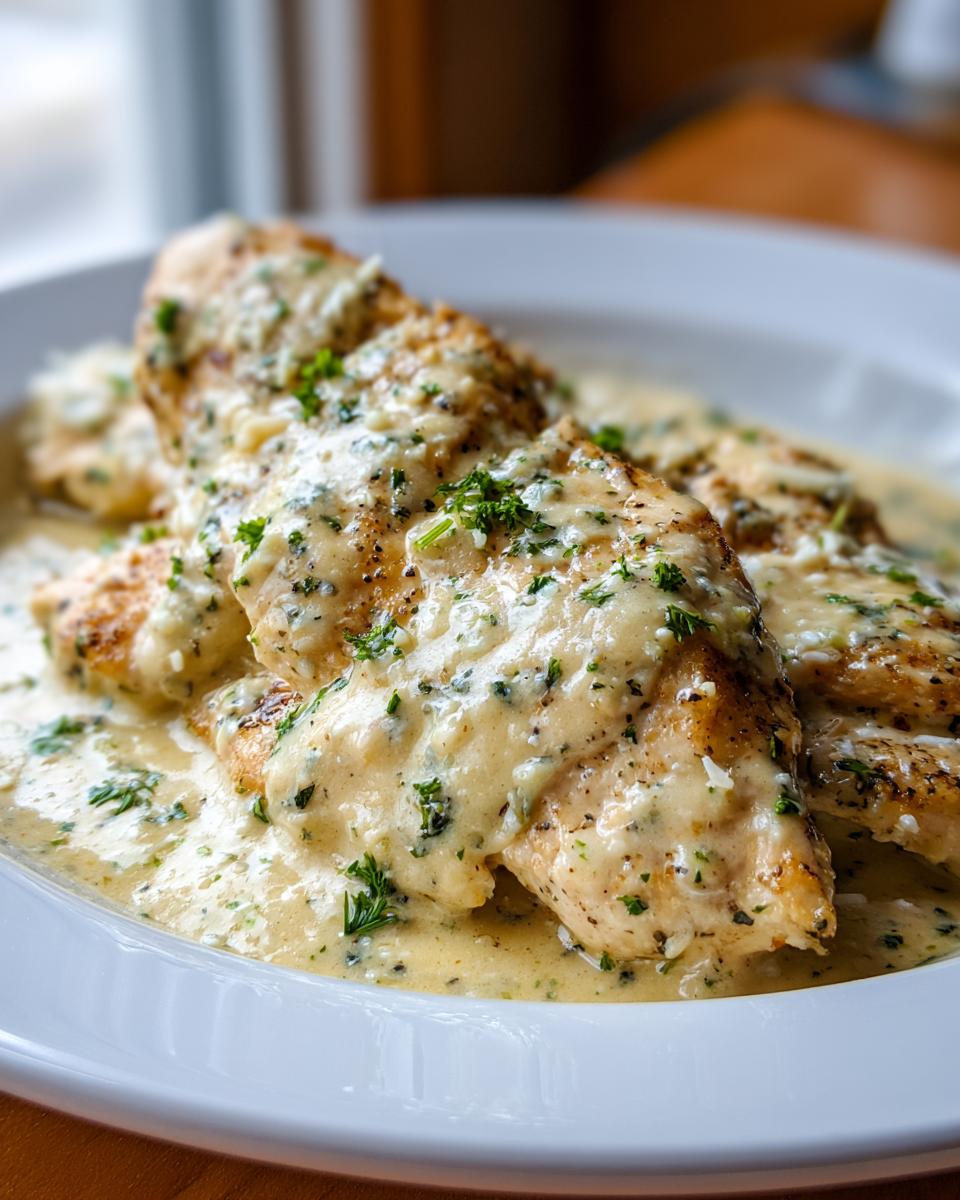 Close-up of pan-seared chicken breasts smothered in a rich, creamy lemon chicken sauce and topped with parsley.