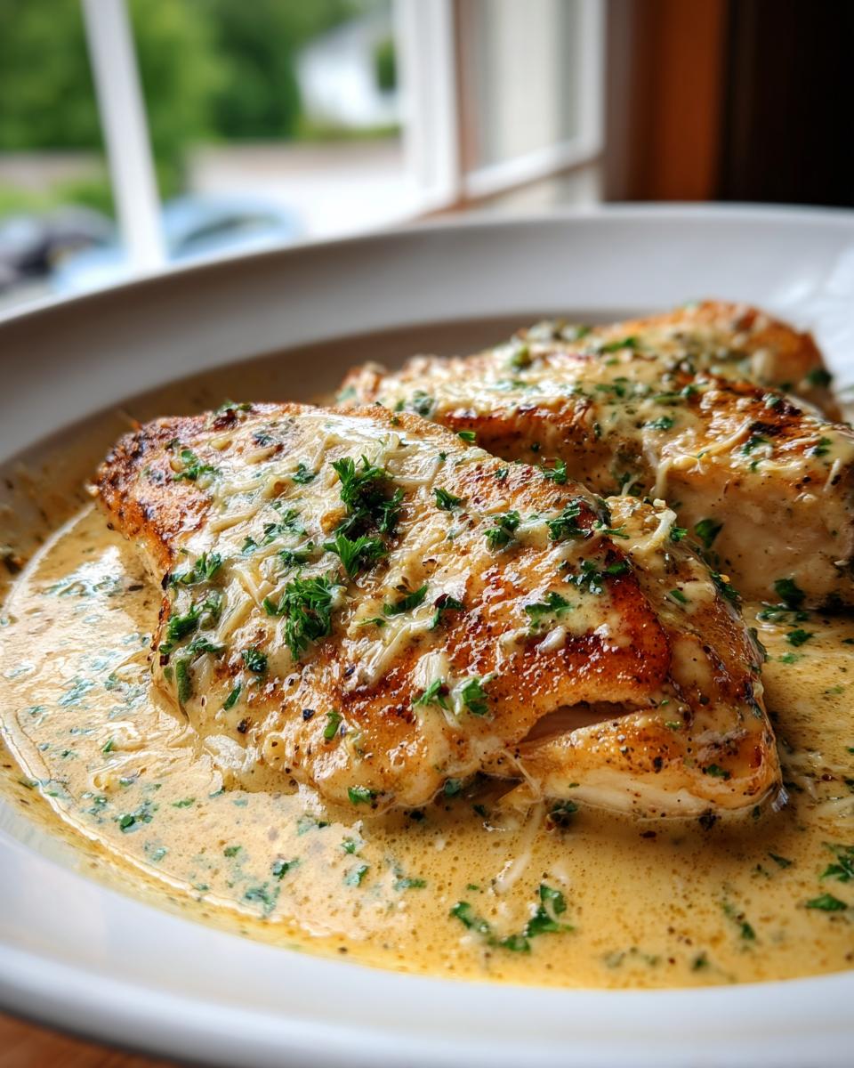 Close-up of pan-seared chicken breasts smothered in a rich, creamy lemon sauce and topped with fresh parsley.