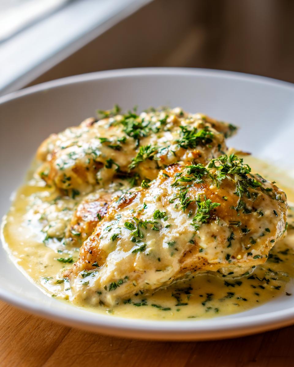 Two pan-seared chicken breasts covered in a rich, creamy lemon sauce and topped with fresh parsley.