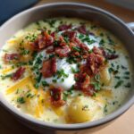 A close-up of a bowl of rich loaded baked potato soup topped with sour cream, crispy bacon bits, and fresh chives.