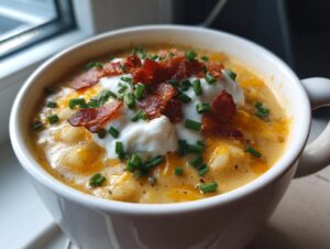 Close-up of a creamy loaded baked potato soup topped with sour cream, bacon, and chives.