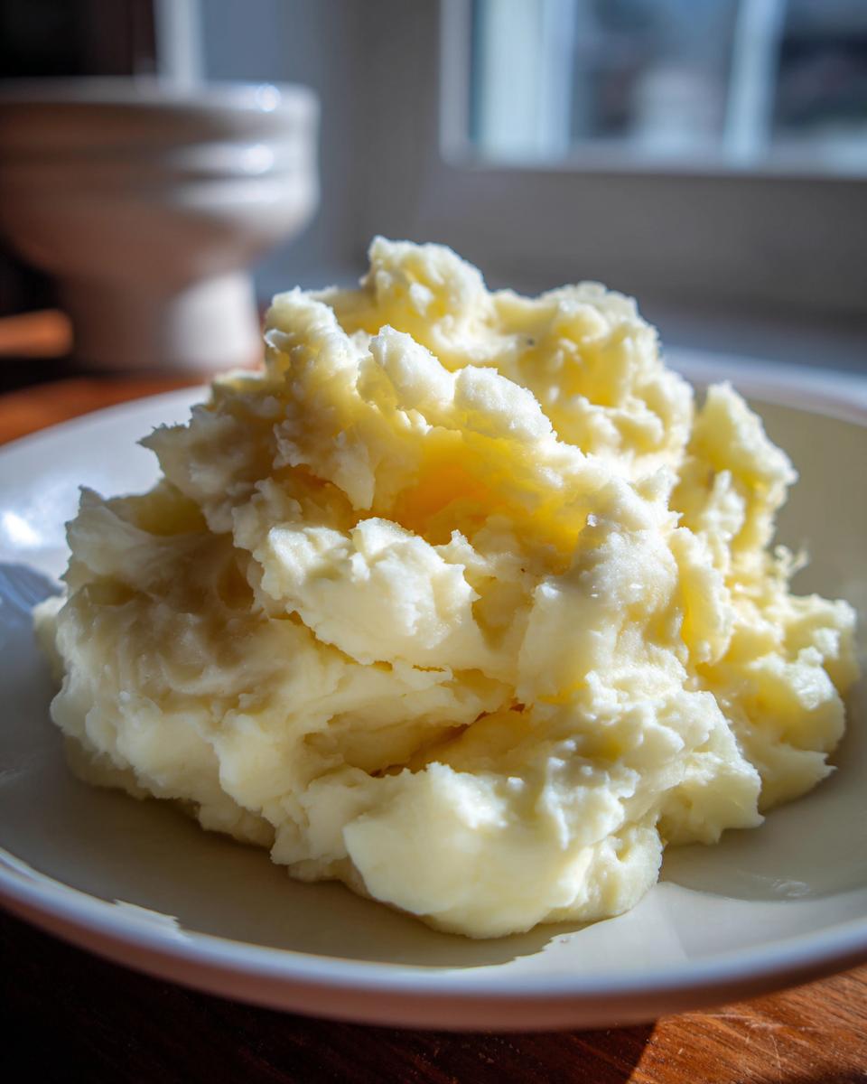 A close-up, fluffy mound of creamy mashed potatoes in a white bowl, bathed in natural light.