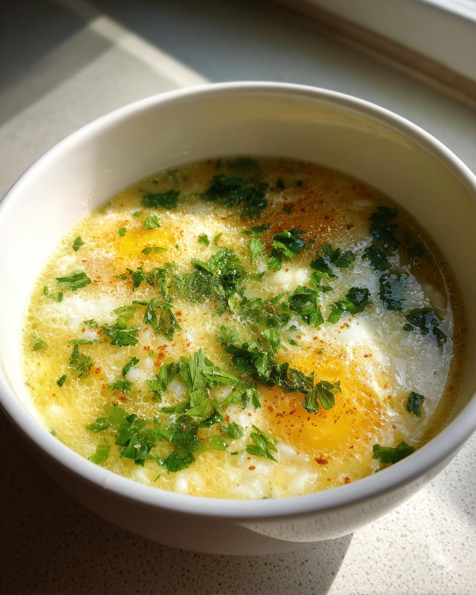 Close-up of a white bowl filled with creamy pastina soup featuring poached eggs, topped with fresh parsley and paprika.