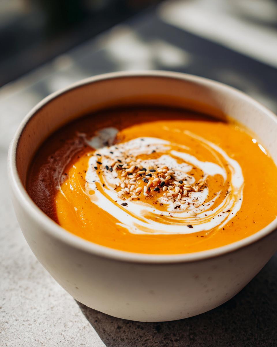 Close-up of vibrant orange pumpkin soup in a light bowl, swirled with cream and topped with sesame seeds.