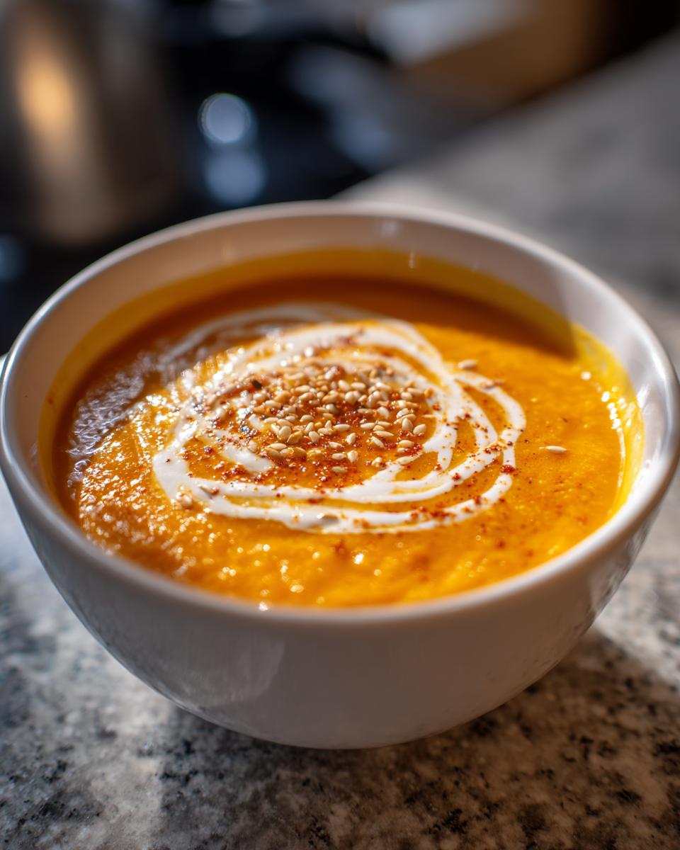 Close-up of a bowl of vibrant orange creamy pumpkin soup, swirled with cream and topped with sesame seeds.