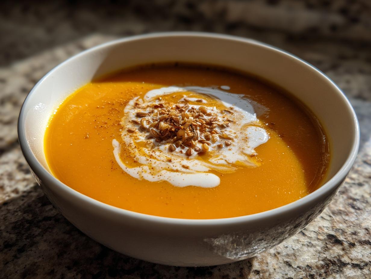 Close-up of a vibrant orange bowl of creamy pumpkin soup topped with a swirl of cream and toasted seeds.
