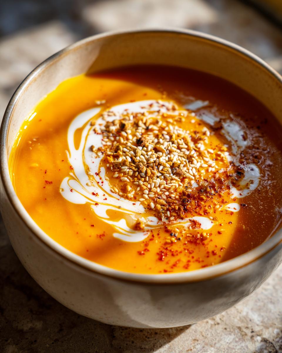 Close-up of creamy pumpkin soup garnished with a swirl of cream, toasted sesame seeds, and chili flakes.