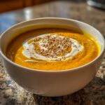 A close-up of vibrant orange creamy pumpkin soup in a white bowl, topped with a swirl of cream and toasted sesame seeds.